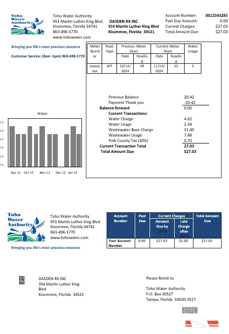 USA Florida Toho Water Authority business utility bill template in Word and PDF formats